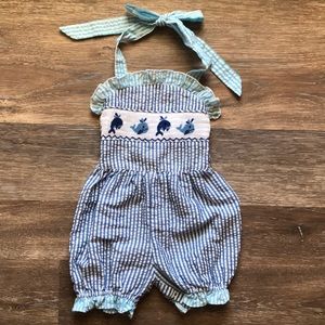 Smocked striped whale romper tie neck 18m
